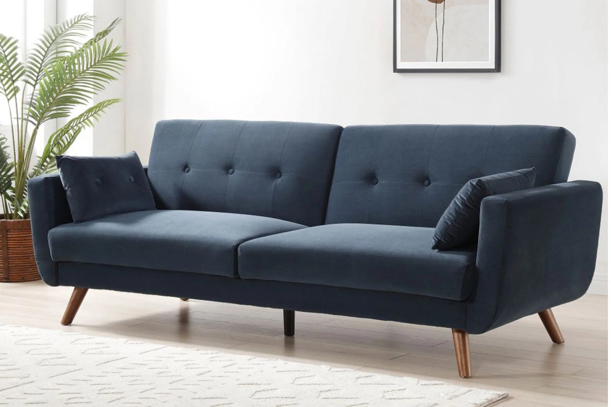 View Oslo Blue Velvet Fabric 3Seater Sofa Bed Converts Easily Into Double Bed Plush Velvet Fabric Modern Bed Settee Wooden Splayed Legs information