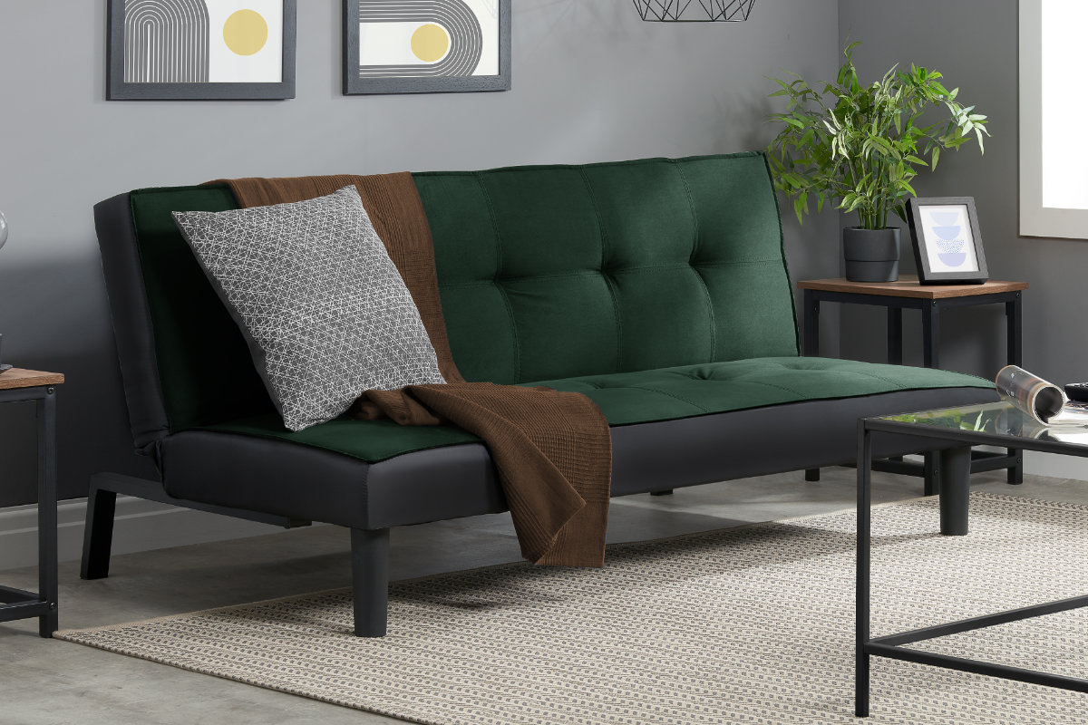 View Green Aurora Deeply Padded Velvet Fabric Two Person Sofa Bed Click Clack Easy Open Bed Action Sleeps Two People Couch Settee Bed information