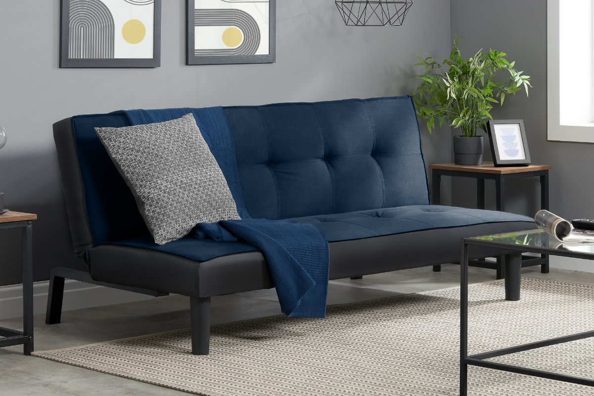View Midnight Blue Aurora Deeply Padded Velvet Fabric Two Person Sofa Bed Click Clack Easy Open Bed Action Sleeps Two People Couch Settee Bed information