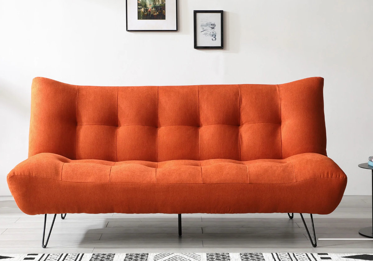 View Lux Orange Linen Fabric 3 Seater Sofa Bed Converts Into Double Bed Deeply Padded Seat Back Modern Style Futon Sleep Over Bed Quick Delivery information