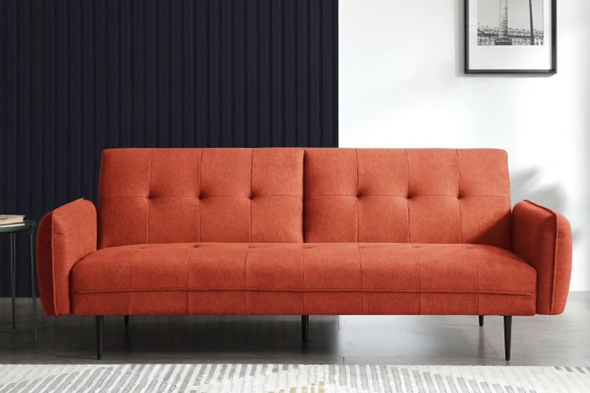View Erik Orange Modern Fabric 3Seater Sofa Bed Easily Converts From Sofa To Bed Bed Settee With Button Design Deep Padded Seat Quick Delivery information