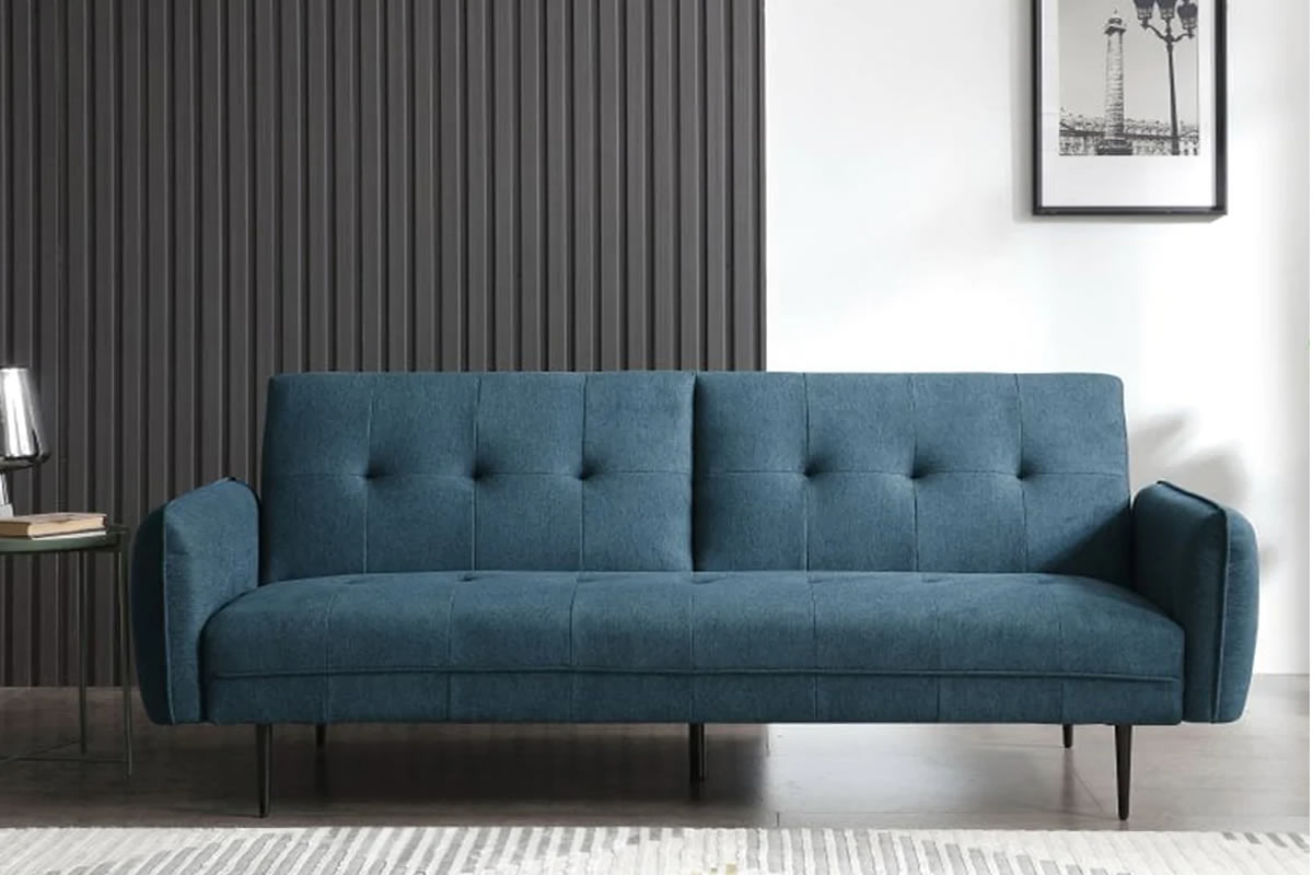 View Erik Blue Modern Fabric 3Seater Sofa Bed Easily Converts From Sofa To Bed Bed Settee With Button Design Deep Padded Seat Quick Delivery information