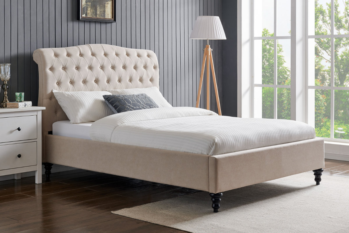 View Natural Cream 46 Double Luxurious Fabric Upholstered Bed Frame Tall Deeply Paddeed Buttoned Headboard Low Footend Turned Wooden Leg Rosa information