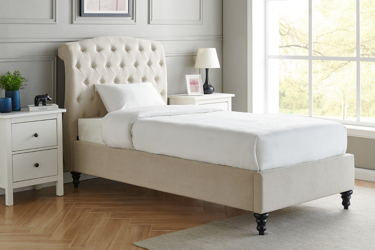View Natural Cream 30 Single Luxurious Fabric Upholstered Bed Frame Tall Deeply Paddeed Buttoned Headboard Low Footend Turned Wooden Leg Rosa information