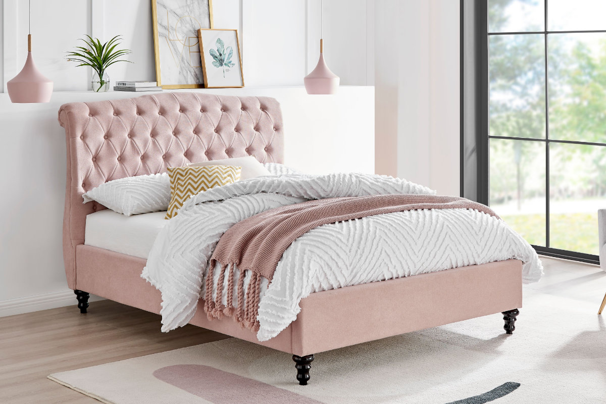 View Pink 46 Double Luxurious Fabric Upholstered Bed Frame Tall Deeply Paddeed Buttoned Headboard Low Footend Turned Wooden Leg Rosa information