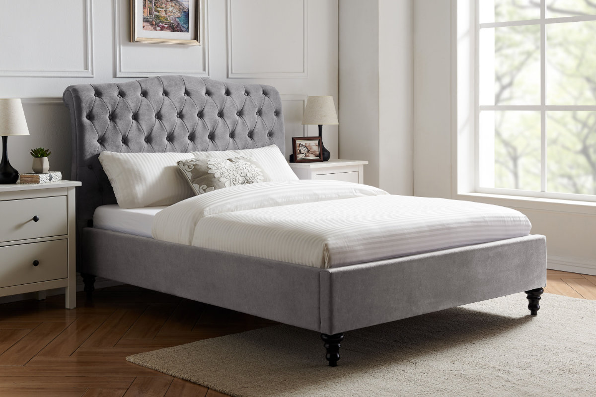 View Light Grey 30 Single Luxurious Fabric Upholstered Bed Frame Tall Deeply Paddeed Buttoned Headboard Low Footend Turned Wooden Leg Rosa information
