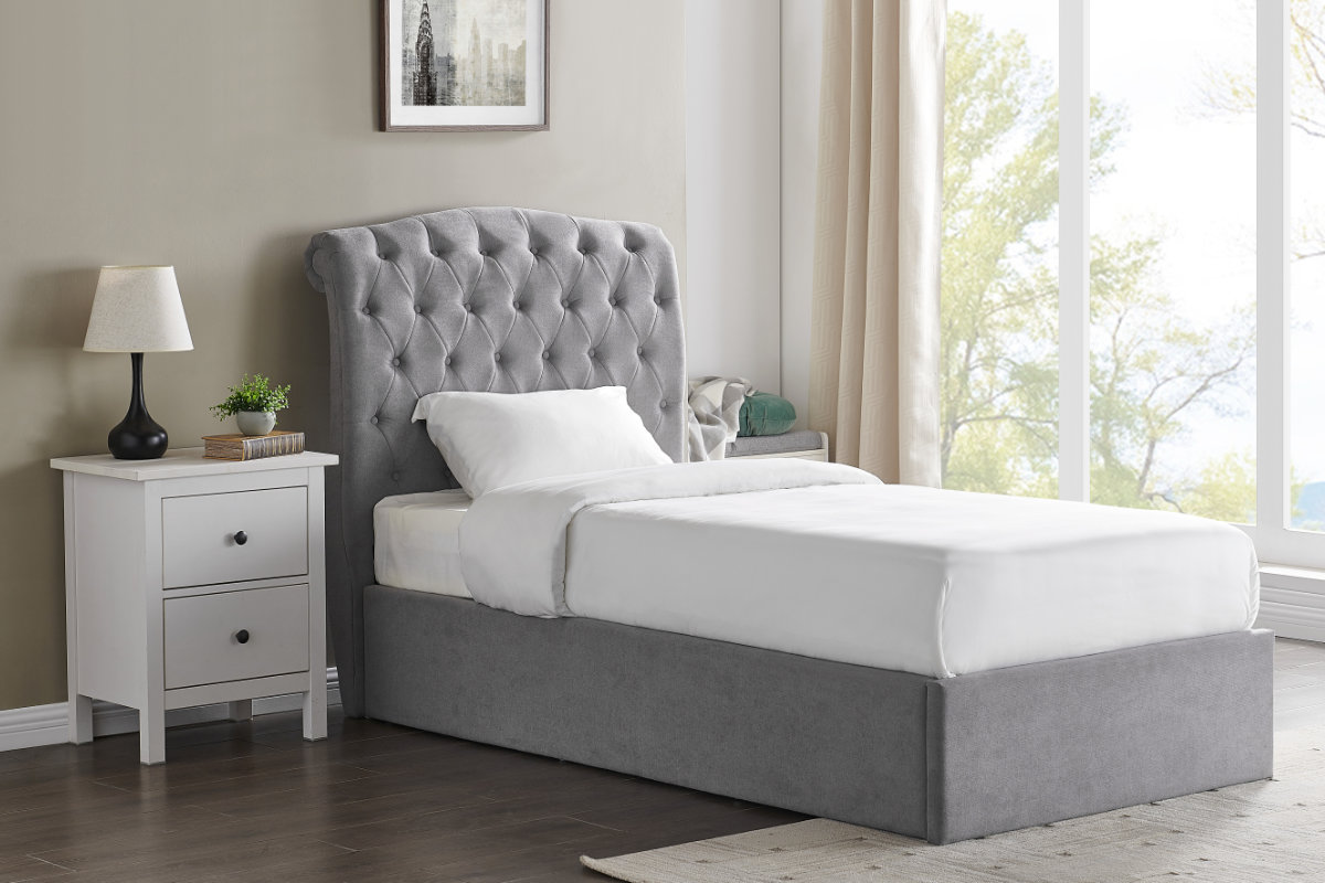 View Rosa Fabric Ottoman Bed Frame With Button Headboard 3 Colours information
