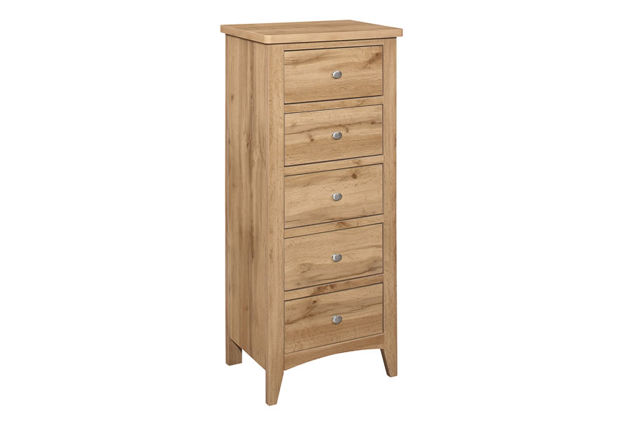 View Oak Wooden 5 Drawer Tall Narrow Bedroom Storage Chest Of Drawers Shaker Styled Solid Wood Drawers Silver Handles Hampstead Julian Bowen information