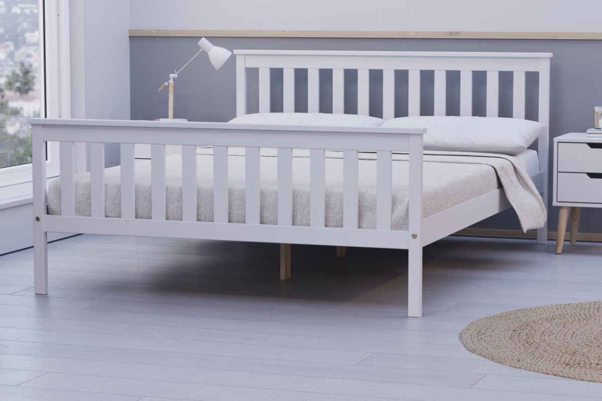 View 40 120cm Small Double Size White Wooden Bed Frame Shaker Styled Tall Slatted Headboard High Slatted Footboard Slatted Base Oxford information