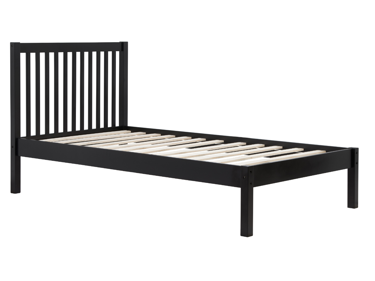 View 30 Single Black Ebony Finish Wooden Bed Frame With Tall Slatted Headboard Low Plank Foot Board Centre Base Supports Slatted Base Nova information