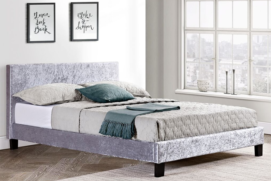 View Small Double 40 Steel Crushed Velvet Ottoman Storage Bed Frame End Opening Hydraulic Gas Piston Lift Plain Rectangular Headboard Slatted Be information
