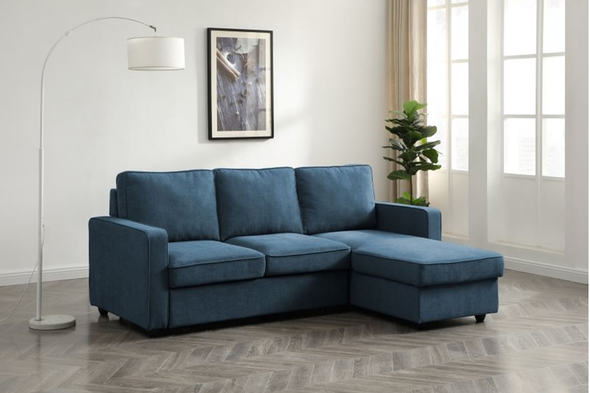 View Blue Fabric Corner 3 Seater Sofa Bed With Ottoman Storage Compartment Left Or Right Handed Easily Converts To Bed Settee Deeply Padded Myles information