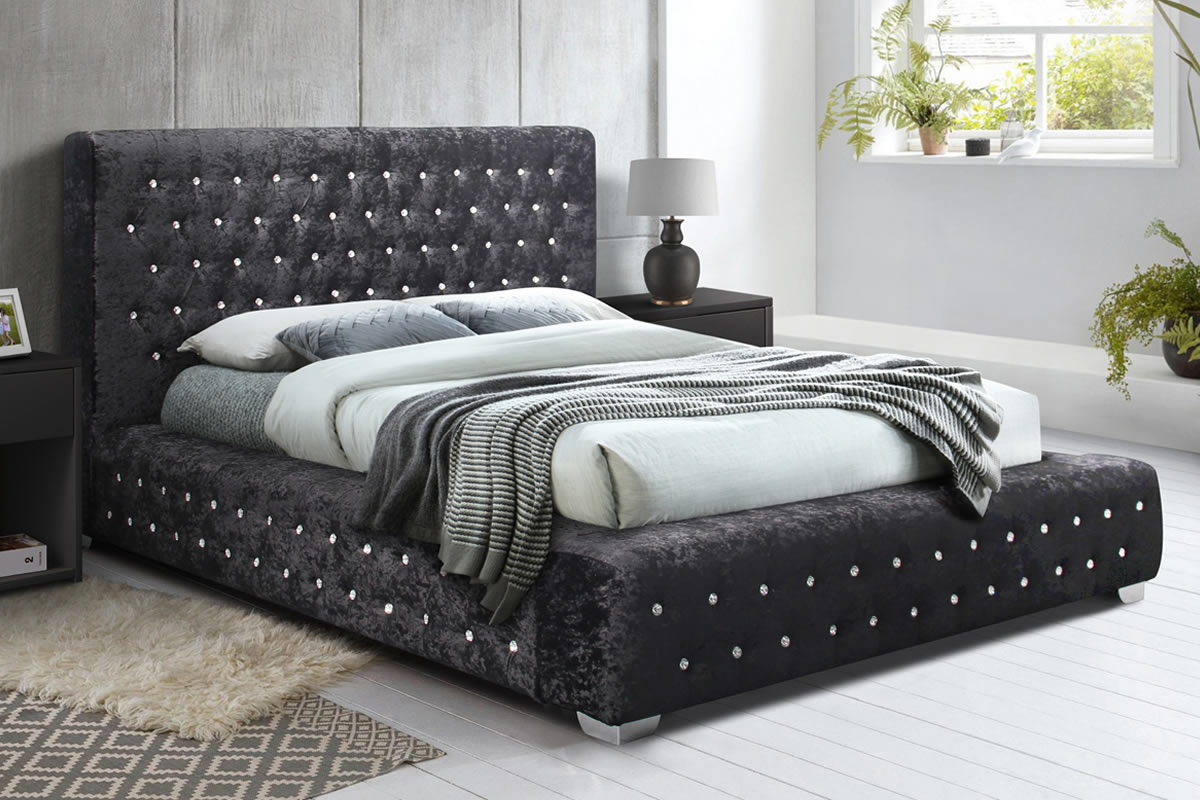 View Black King Size Crushed Velvet Bed Frame With Button Headboard Grande information
