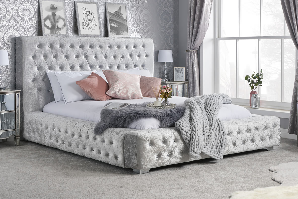 View Grey King Size Crushed Velvet Bed Frame With Button Headboard Grande information