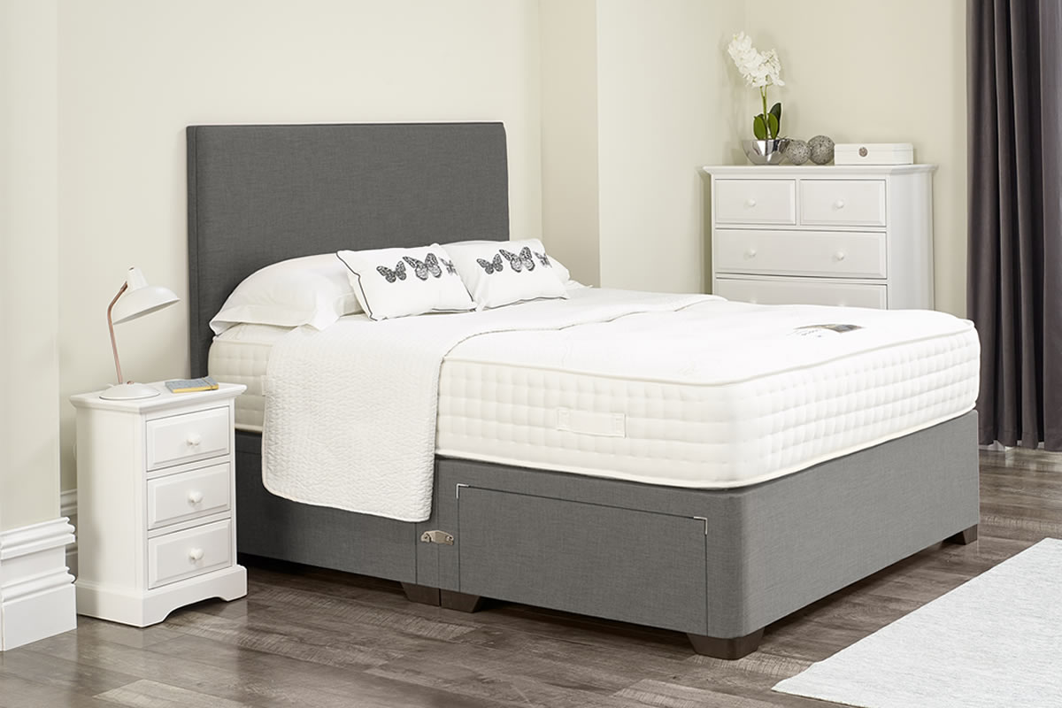 View Adina Light Grey Divan Bed Set Including Deeply Padded Headboard Available in Single Double King Super King Various Drawer Storage Options information