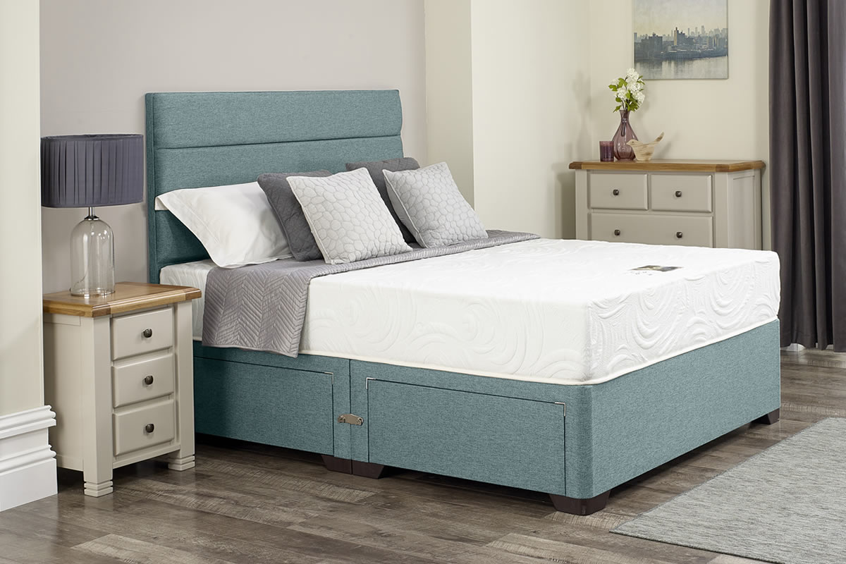 View Bella Duckegg Blue Divan Bed Set Including Deeply Padded Headboard Available in Single Double King Super King Various Drawer Storage Options information