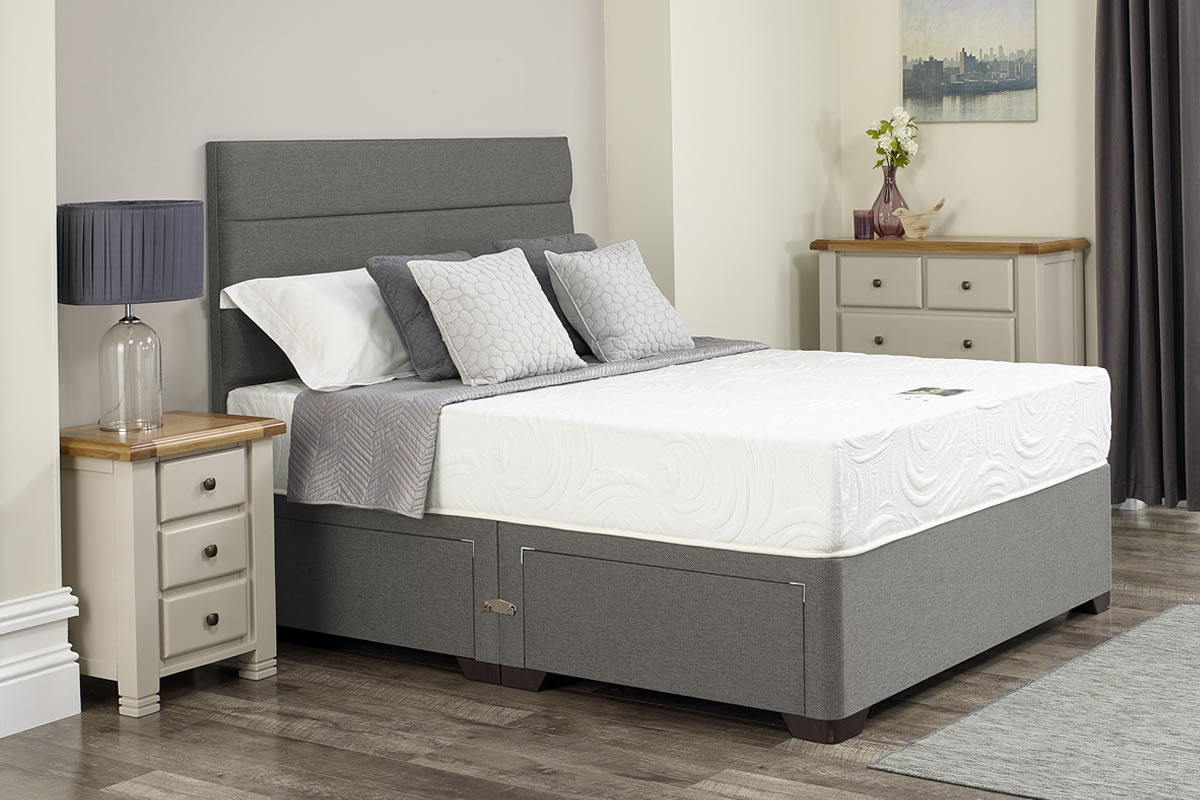 View Bella Light Grey Divan Bed Set Including Deeply Padded Headboard Available in Single Double King Super King Various Drawer Storage Options information