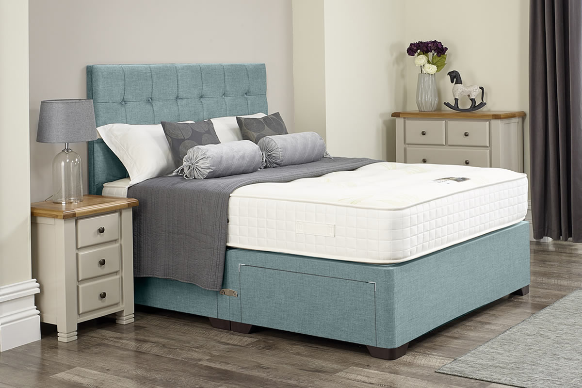 View Elizabeth Duckegg Blue Divan Bed Set Including Deeply Padded Headboard Available in Single Double King Super King Various Drawer Storage Optio information