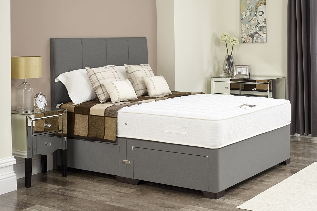 View Ellie Light Grey Divan Bed Set Including Deeply Padded Headboard Available in Single Double King Super King Various Drawer Storage Options information