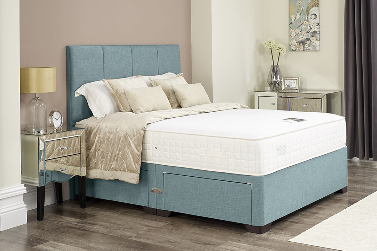 View Jayden Duckegg Blue Divan Bed Set Including Deeply Padded Headboard Available in Single Double King Super King Various Drawer Storage Options information
