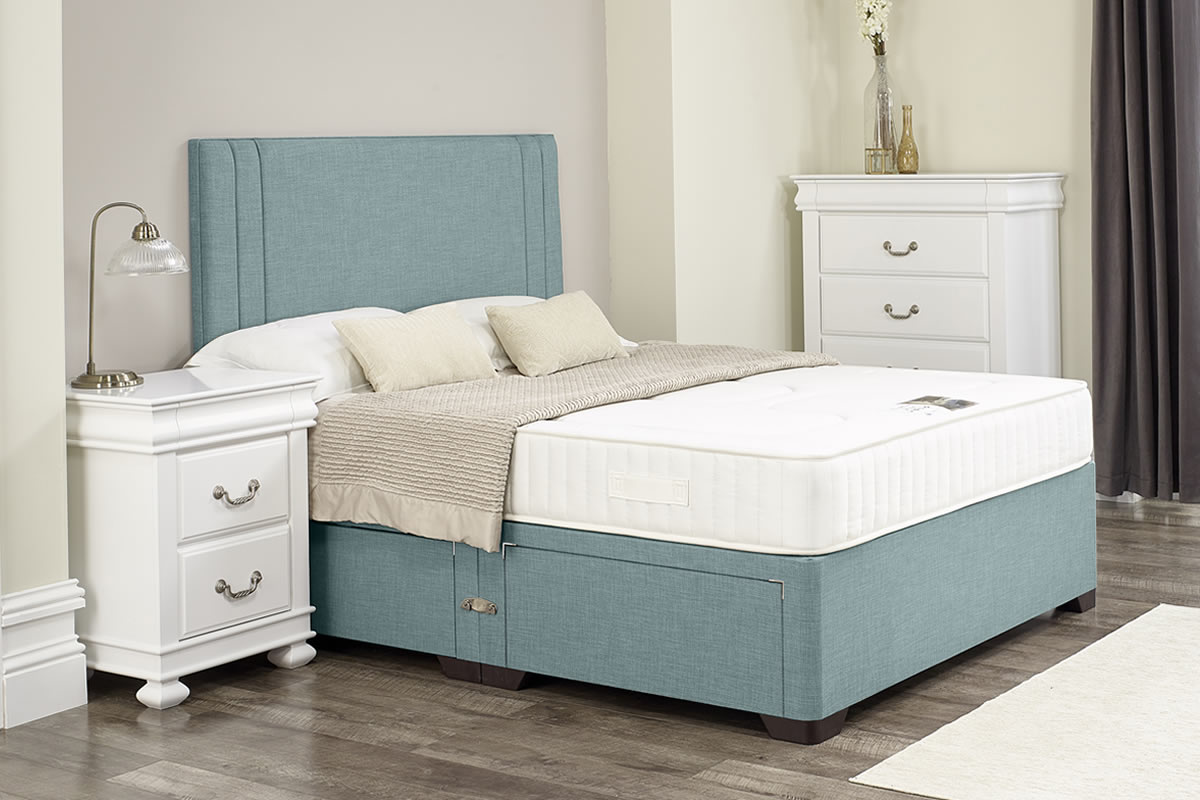 View Julia Duckegg Blue Divan Bed Set Including Deeply Padded Headboard Available in Single Double King Super King Various Drawer Storage Options information