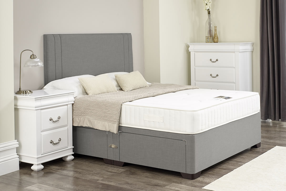 View Julia Light Grey Divan Bed Set Including Deeply Padded Headboard Available in Single Double King Super King Various Drawer Storage Options information