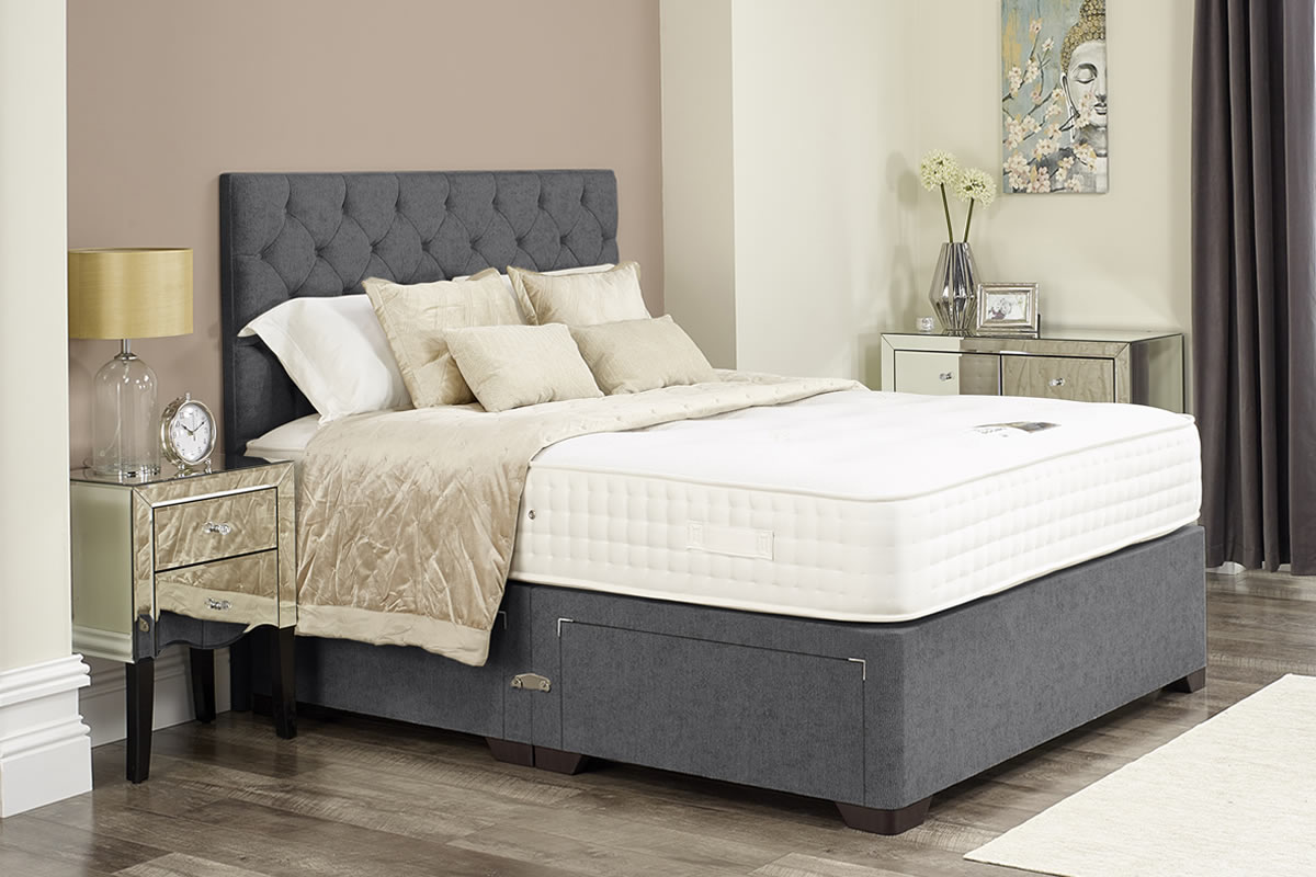 View Riley Dark Grey Divan Bed Set Including Deeply Padded Headboard Available in Single Double King Super King Various Drawer Storage Options information