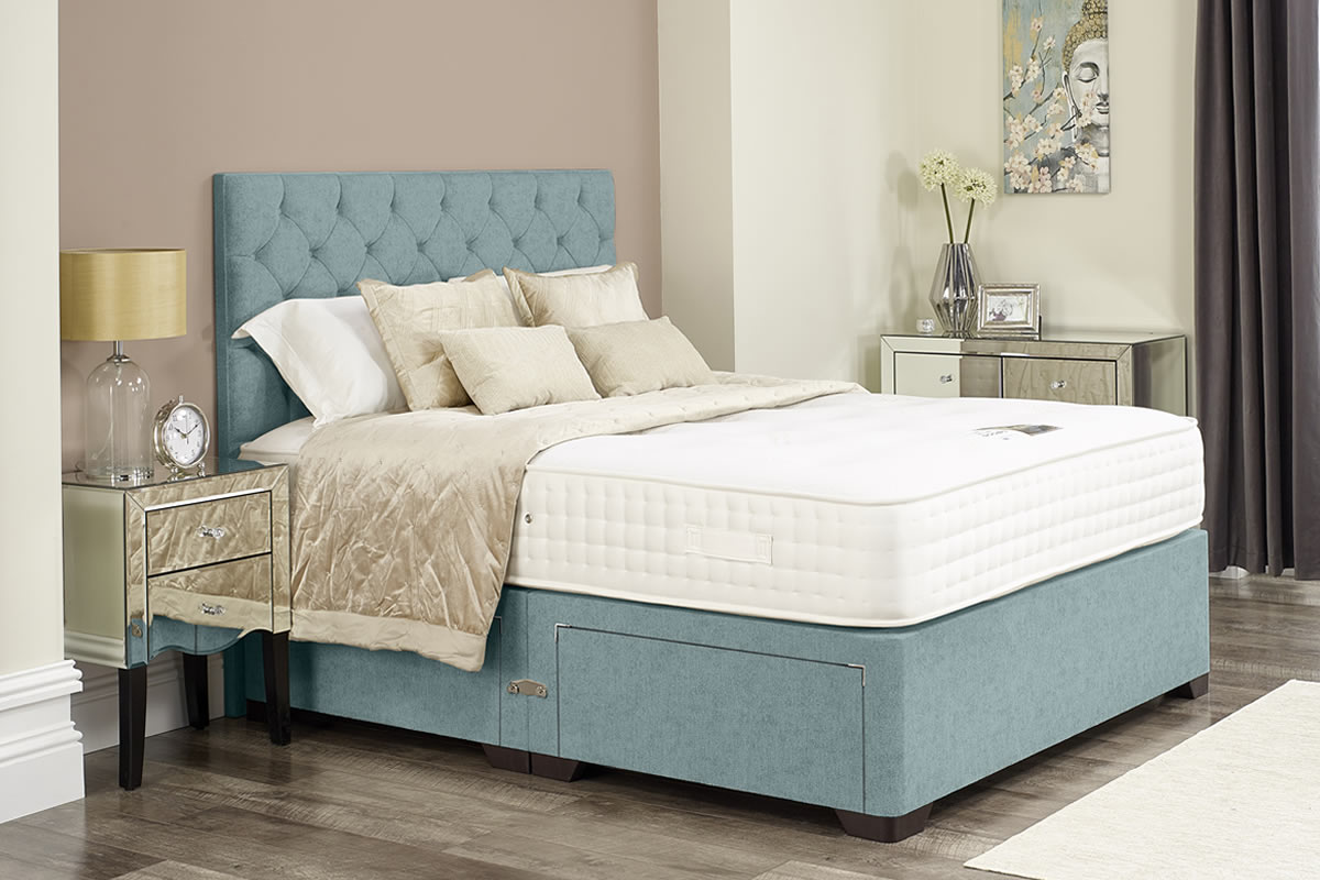 View Riley Duckegg Blue Divan Bed Set Including Deeply Padded Headboard Available in Single Double King Super King Various Drawer Storage Options information