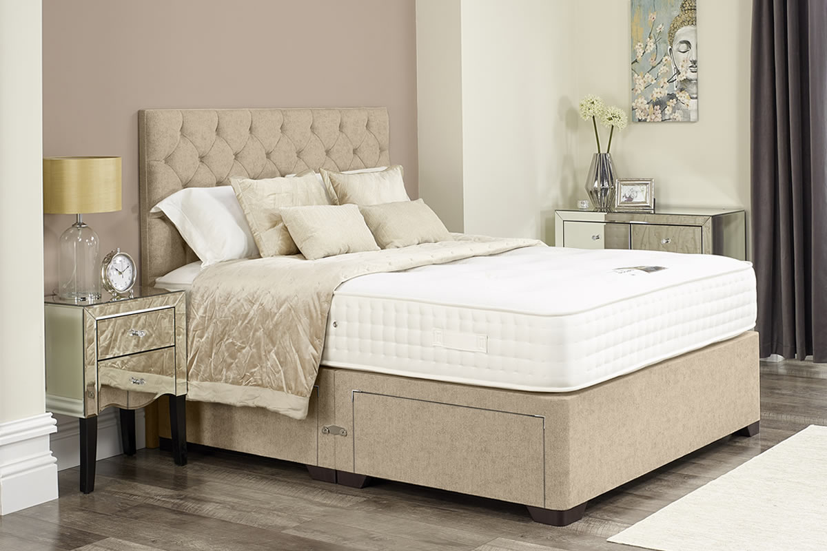 View Riley Cream Oatmeal Divan Bed Set Including Deeply Padded Headboard Available in Single Double King Super King Various Drawer Storage Options information