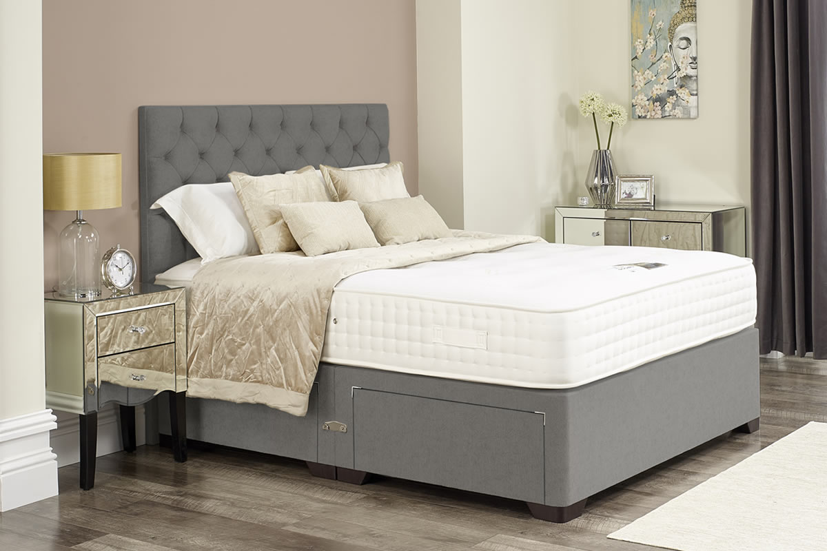 View Riley Light Grey Divan Bed Set Including Deeply Padded Headboard Available in Single Double King Super King Various Drawer Storage Options information