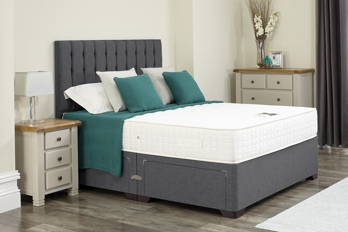 View Victoria Dark Grey Divan Bed Set Including Deeply Padded Headboard Available in Single Double King Super King Various Drawer Storage Options information