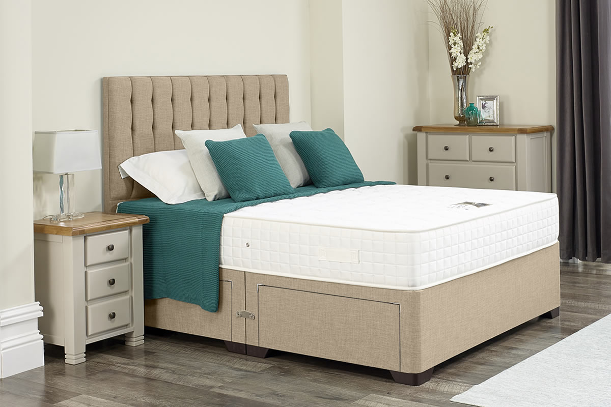 View Victoria Cream Divan Bed Set Including Deeply Padded Headboard Available in Single Double King Super King Various Drawer Storage Options information