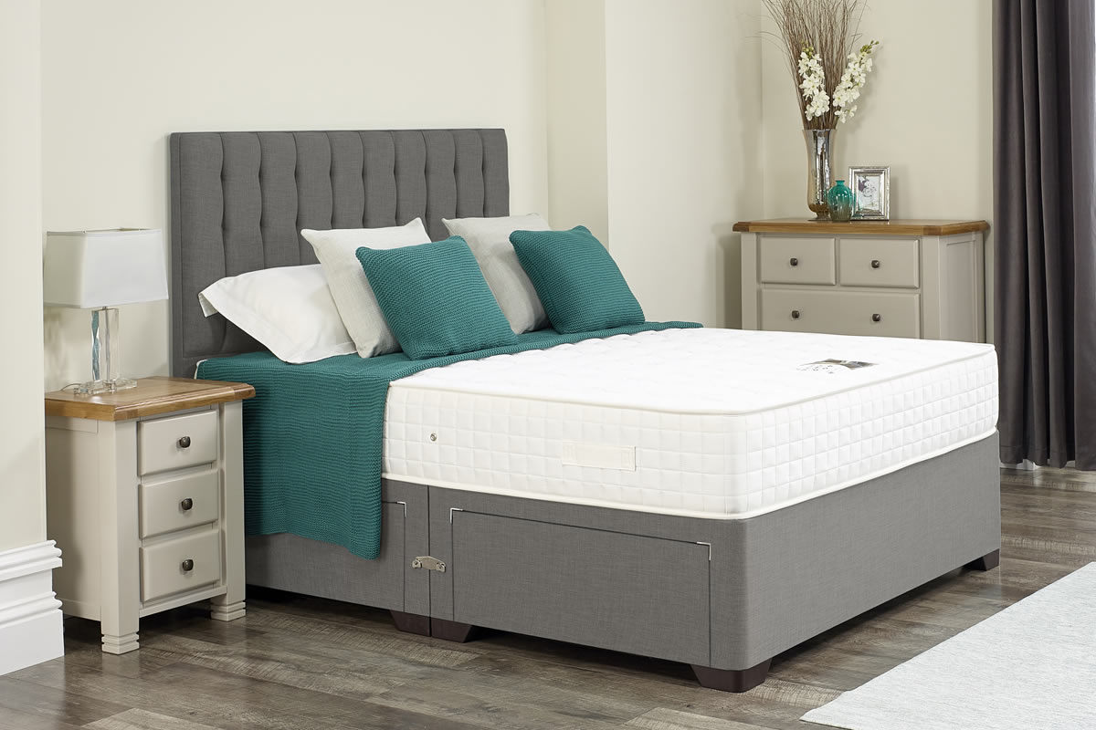View Victoria Light Grey Divan Bed Set Including Deeply Padded Headboard Available in Single Double King Super King Various Drawer Storage Options information