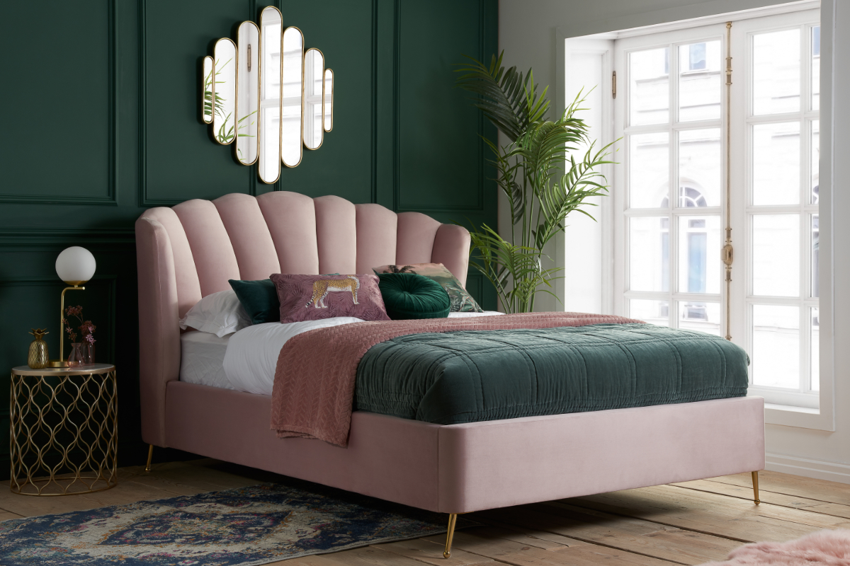 View Pink Fabric Deeply Padded Modern Double Ottoman Storage Bed Frame On Gold Metal Legs Soft feel Luxurious Velvet Shell Design Headboard Lottie information