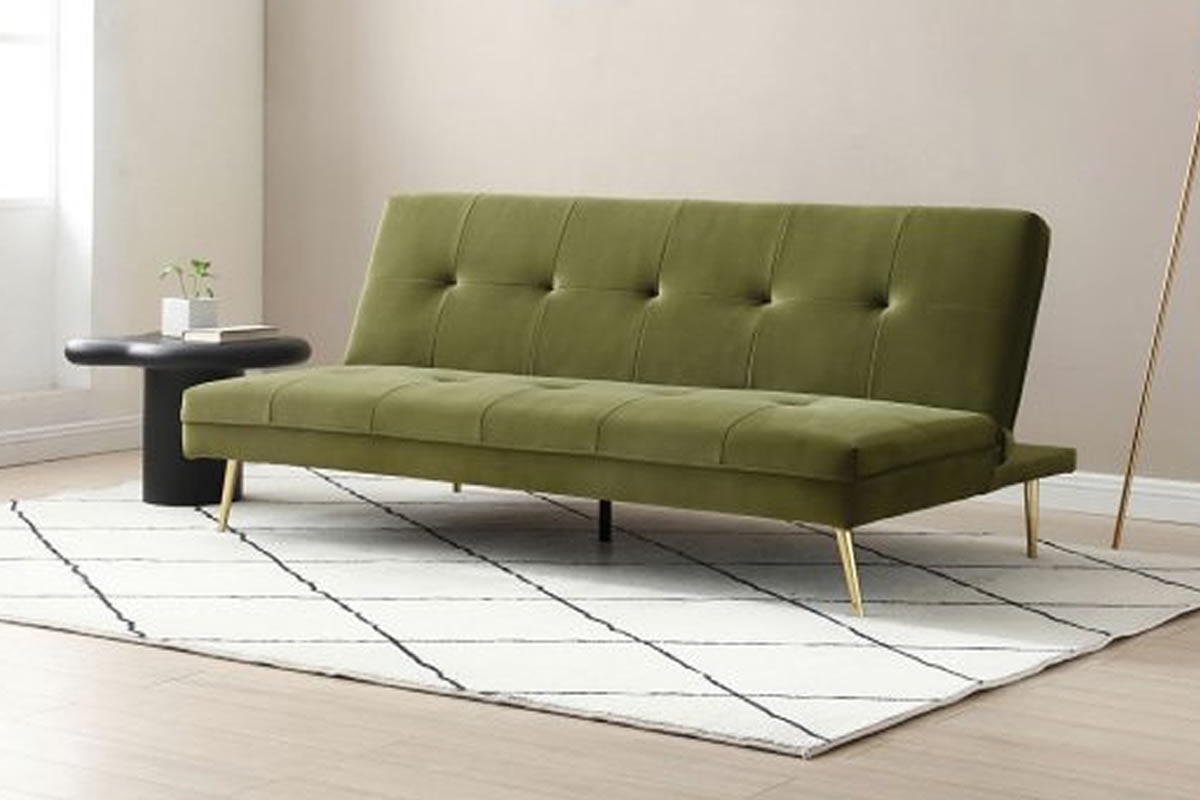 View Juno Olive Green Velvet Fabric 3Seater Sofa Bed Click Clack Bed Settee Action Deeply Padded Metal Legs Futon Style information