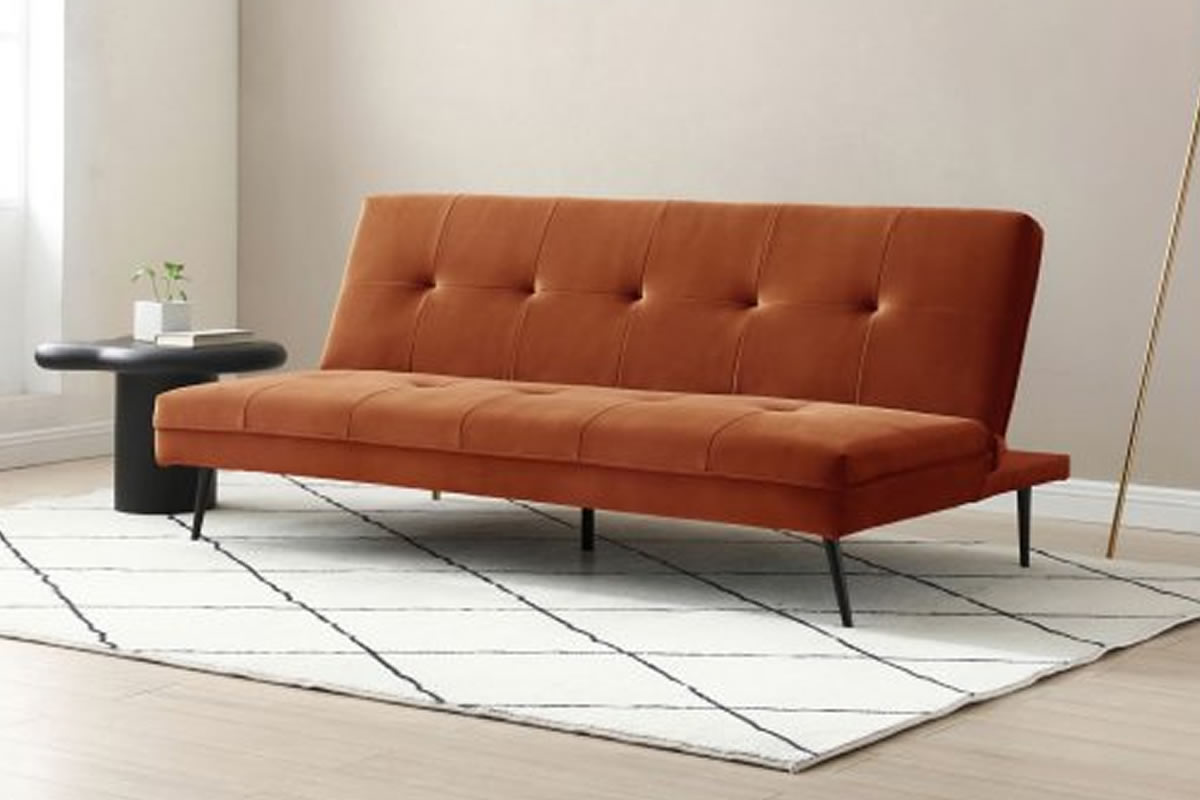 View Juno Orange Velvet Fabric 3Seater Sofa Bed Click Clack Bed Settee Action Deeply Padded Metal Legs Futon Style information