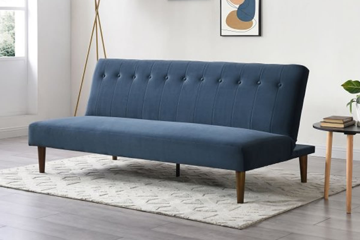 View Corin Ink Blue Velvet Fabric 3Seater Sofa Bed Click Clack Bed Settee Action Deeply Padded Wooden Legs Futon Style information