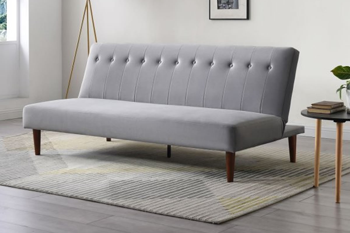 View Corin Grey Velvet Fabric 3Seater Sofa Bed Click Clack Bed Settee Action Deeply Padded Wooden Legs Futon Style information