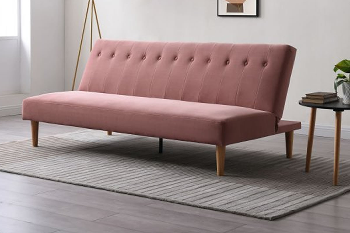 View Corin Dusky Pink Velvet Fabric 3Seater Sofa Bed Click Clack Bed Settee Action Deeply Padded Wooden Legs Futon Style information