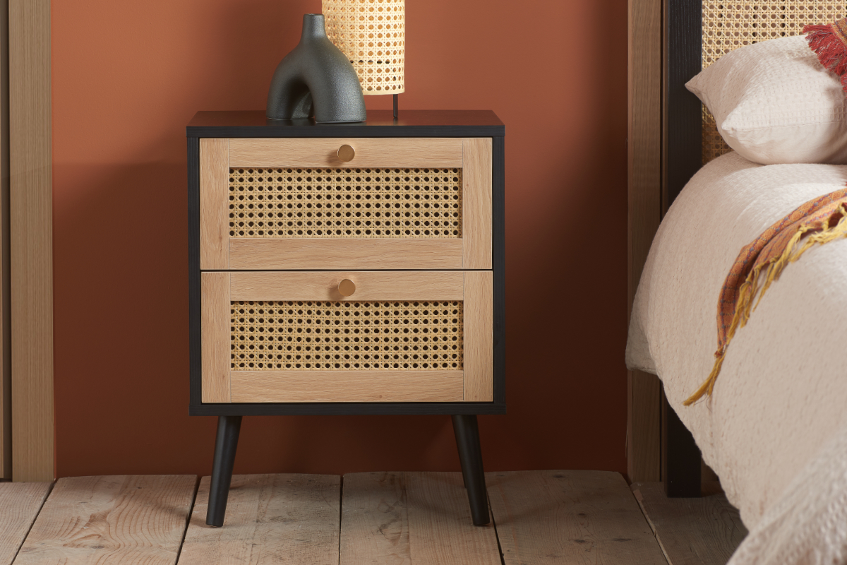 View Modern Two Drawer Wooden Bedside Locker Chest Available In Light Oak Or Black With Rattan Finish Drawer Fronts Rounded Tapered Legs information