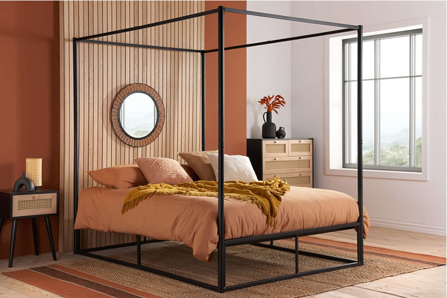 View 40 Small Double Size 120cm Black Tubular Metal Modern Four Poster Bed Frame Steel Frame Storage Space Underneath Slatted Base Farringdon information