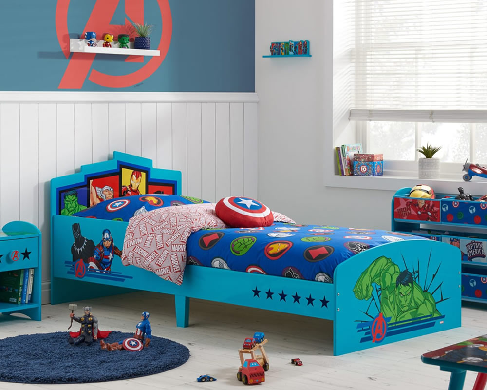 View Marvel Avengers Themed 30 Single Childrens Single Bed Features The Hulk Thor The Iron Man Captain America Strong Slatted Base information