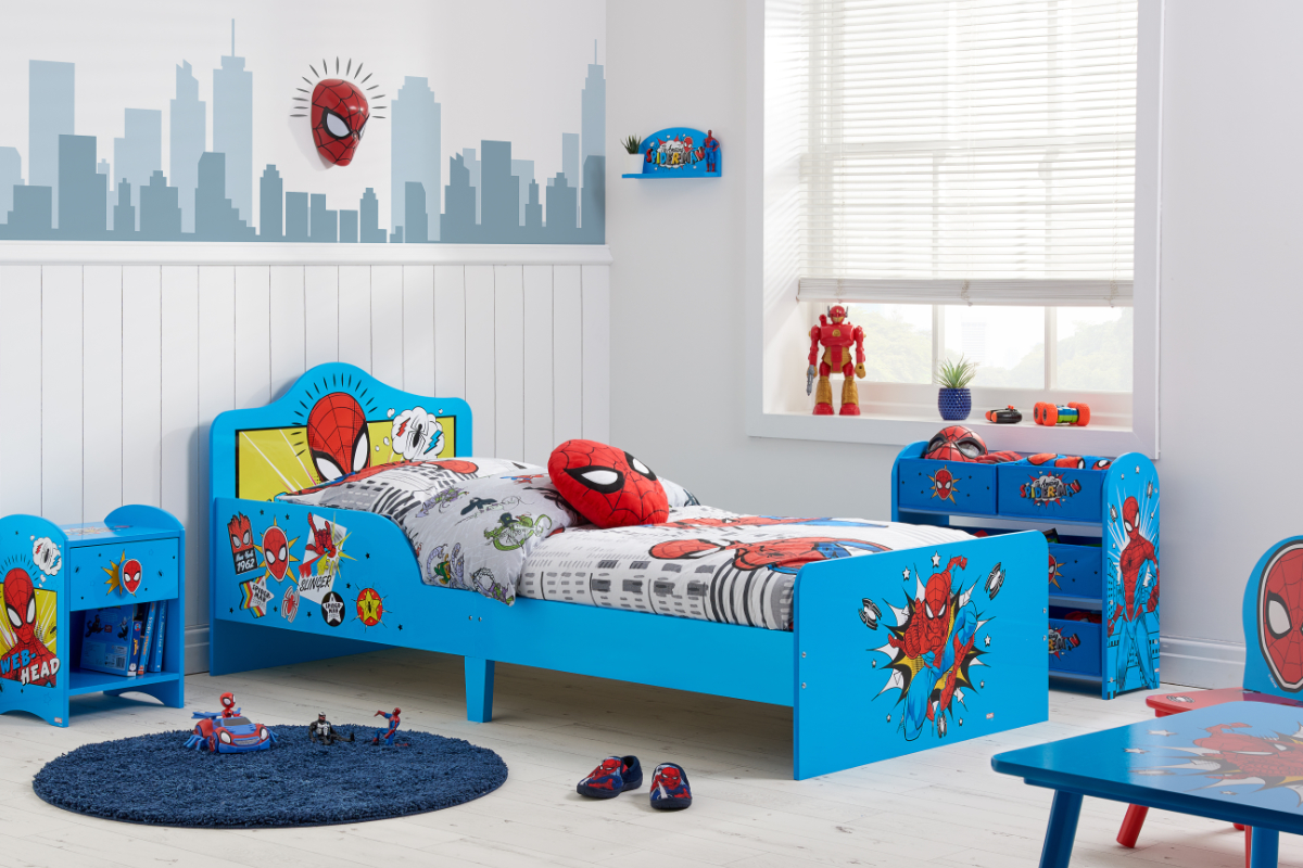 View Marvel SpiderMan Childrens Blue Red Single Bed Frame Features Spiderman Graphics Slatted Base With Central Support Fits Standard Mattress information
