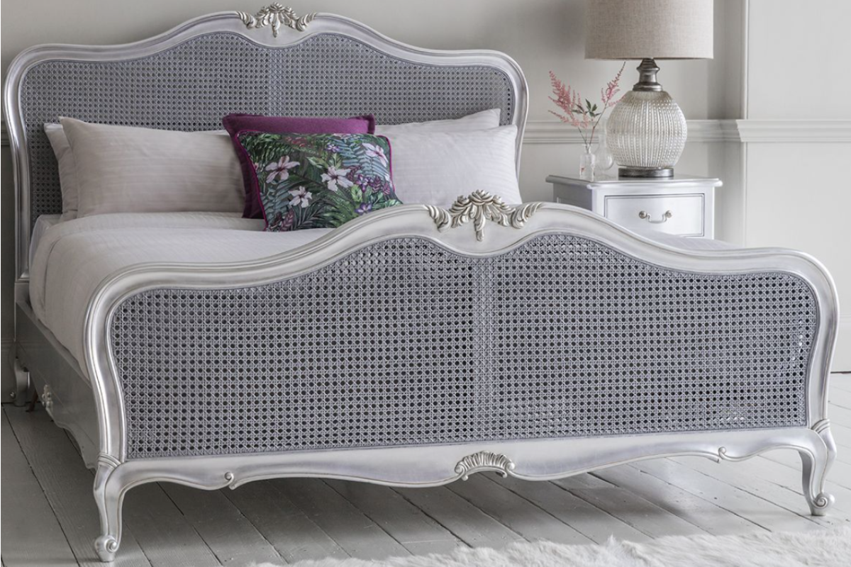 View 50 Super Kingsize Silver French Style Elaborate Wooden Bed Frame With Rattan Inserts In Head And Foot Board Slatted Base Ivy information