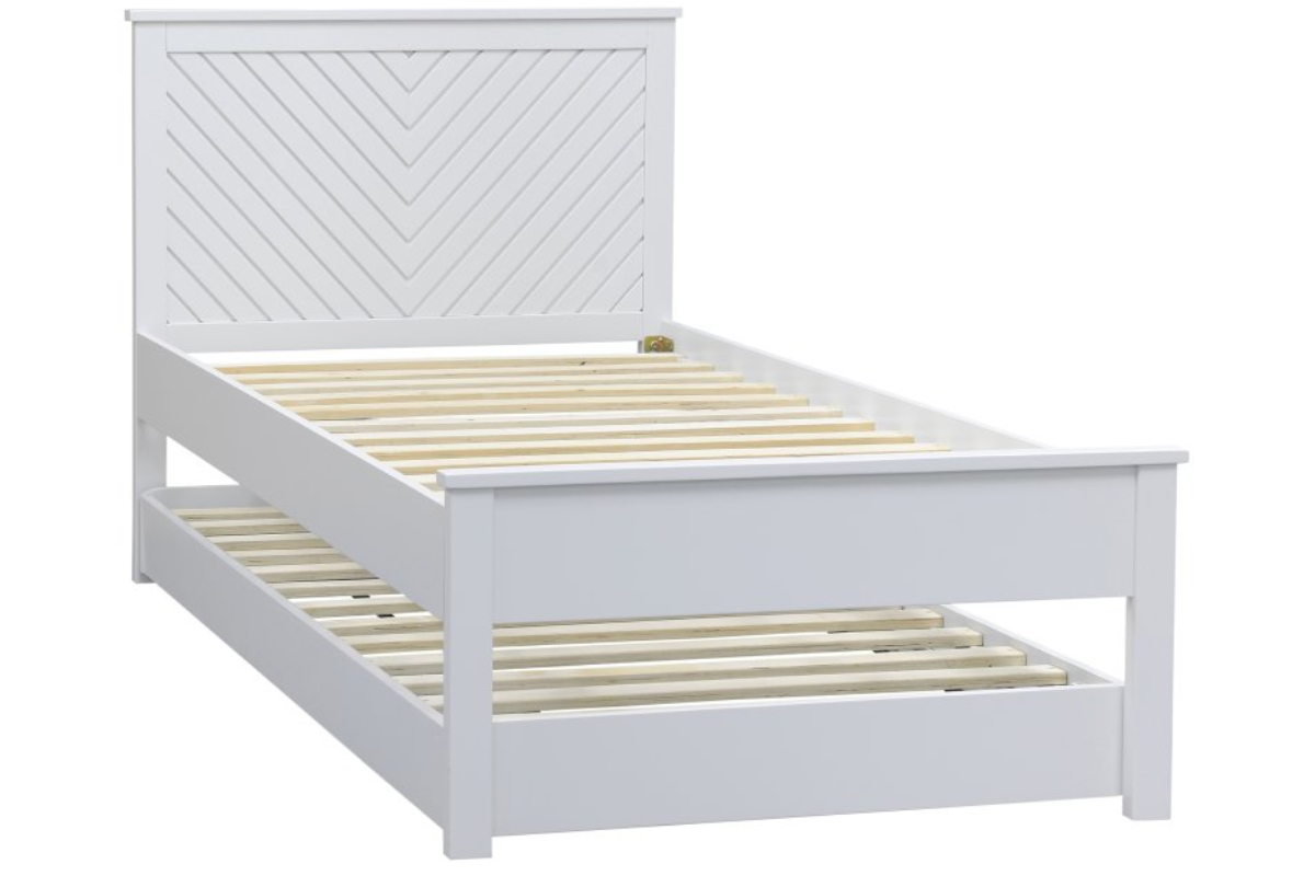 View 30 Single Painted White Wooden Guest Bed Extra Single Pull Out Bed Chevron Style Headboard High Head And Low Foot End Wooden Slatted Base information