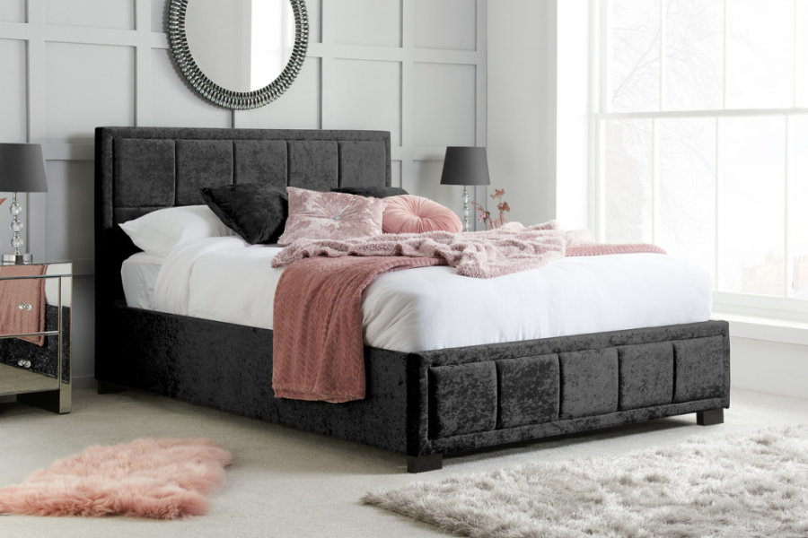 View Black 46 Double Size Crushed Velvet Fabric Modern Bed Frame Square Design Tall Padded Headboard Strong Slatted Base Hannover information
