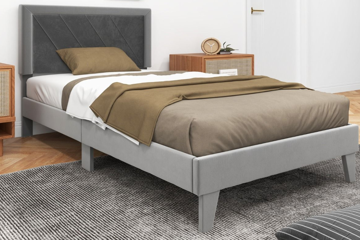 View Wilfred 30 Single Grey Velvet Fabric Bed Frame Two Tone Deeply Padded Headboard Low Foot End Strong Slatted Base 800kg Max Load Capacity information