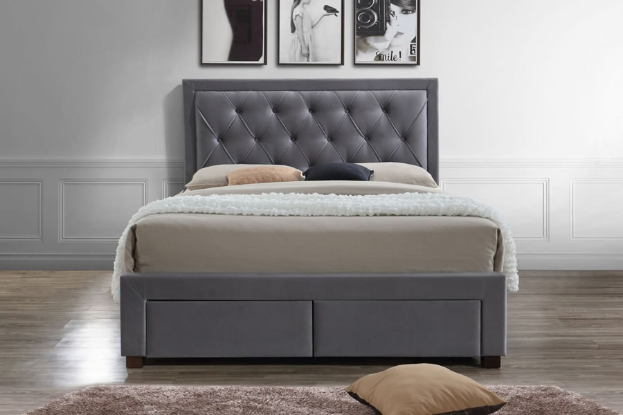 View Soft Touch Grey Fabric 4 Drawer Storage Super King Size 60 Bed Frame Buttoned Headboard Woodbury information