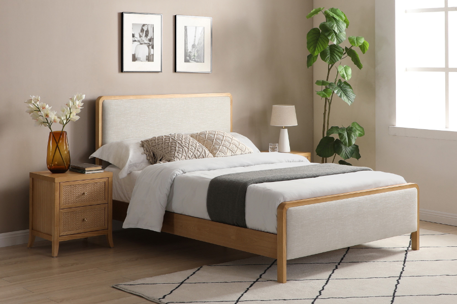 View Archie 46 Double Upholstered Wooden Bed Frame Cream Linen Fabric Headboard Footend Solid Wooden Frame Sprung Slatted Base information