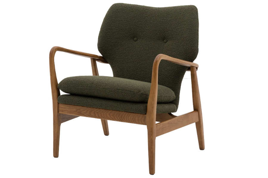 View Jensen Green Boucle Fabric Armchair With Buttoned Backrest Solid Weathered Oak Frame Mid Century Design Deeply Padded Seat Back Cushion information
